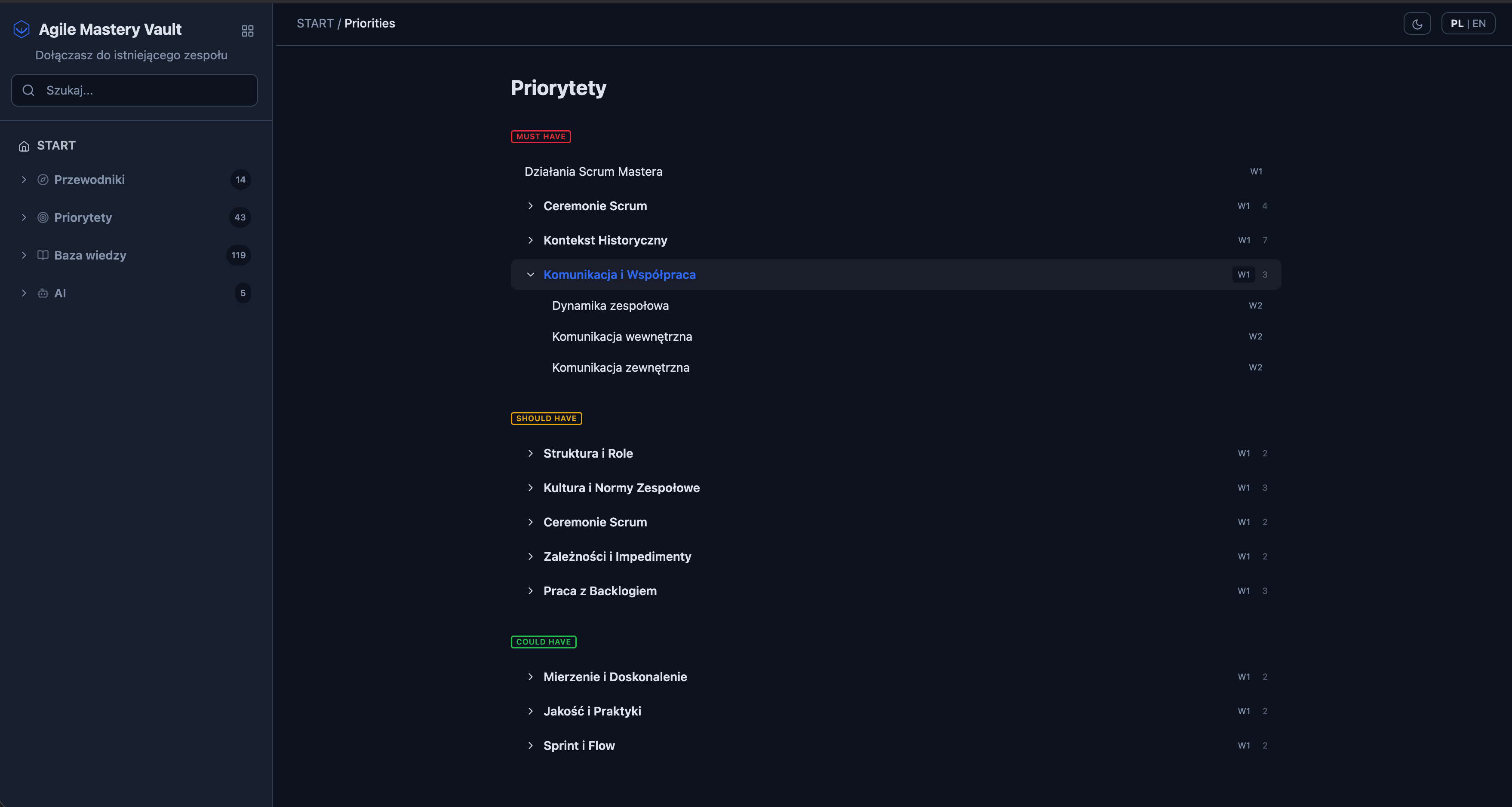Widok priorytetów — Must have, Should have, Could have